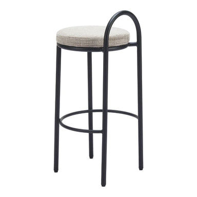Bar stool with black metal frame and beige cushioned seat on a white background