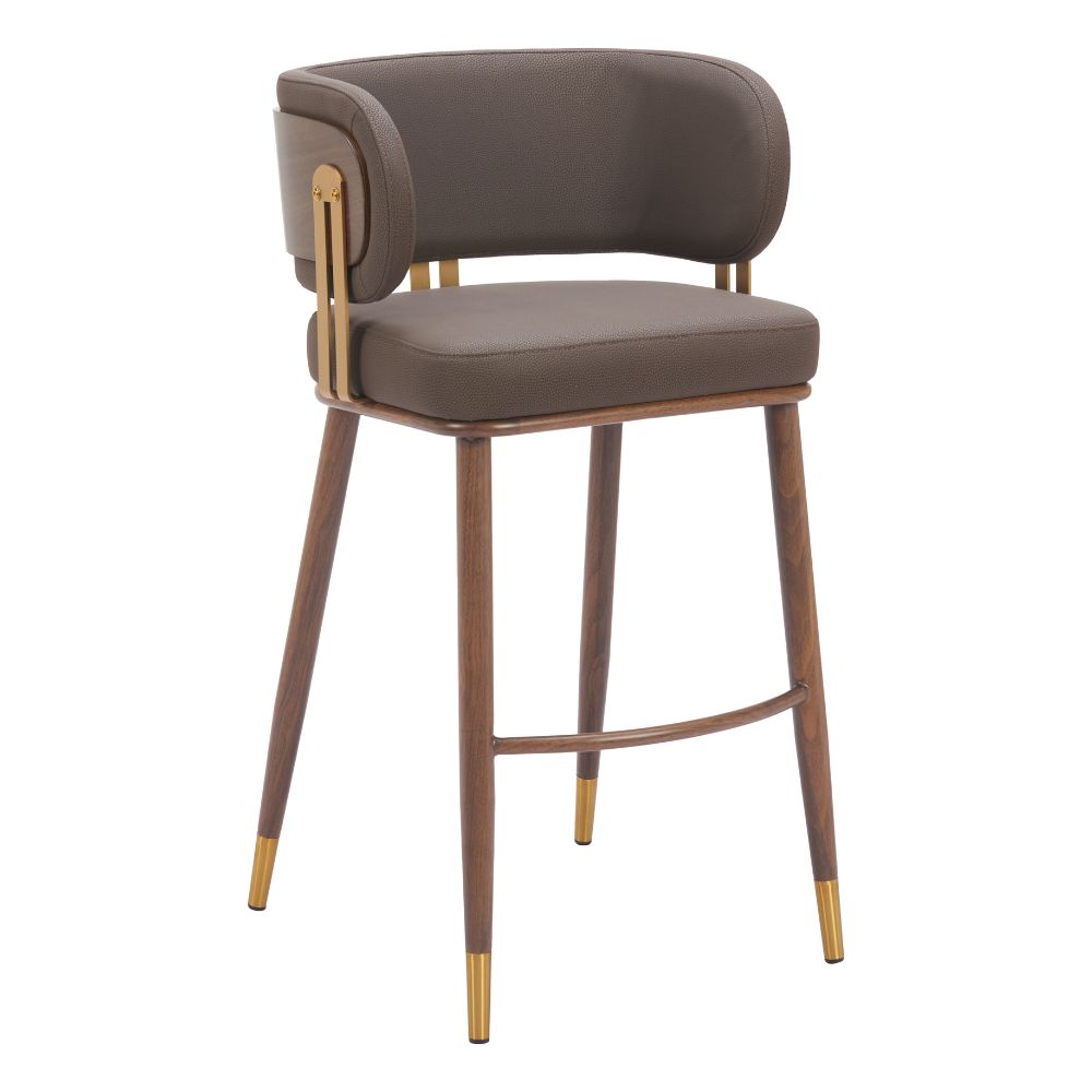 Brown bar stool with gold accents on a white background