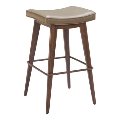 Bar stool with brown cushioned seat and wooden legs on a white background