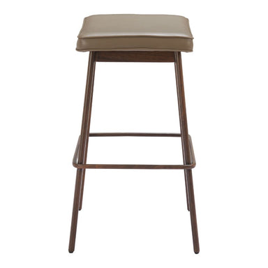 Bar stool with beige cushioned seat and brown metal frame on a white background
