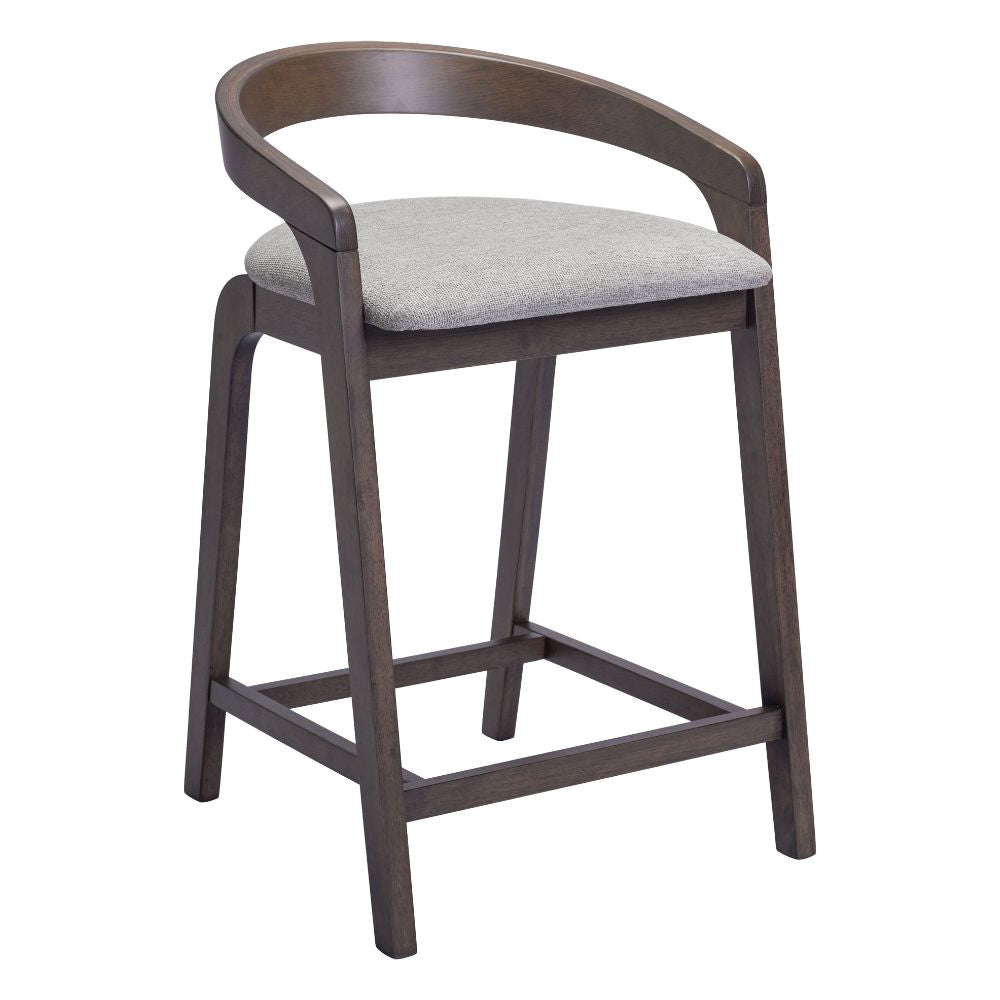 Wooden bar stool with a gray cushion on a white background