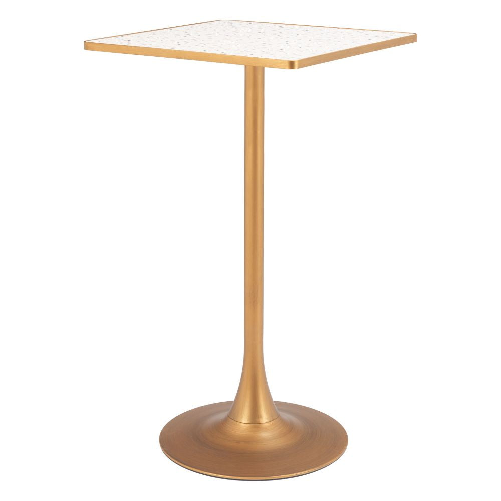 Gold pedestal table with a white marble top on a white background