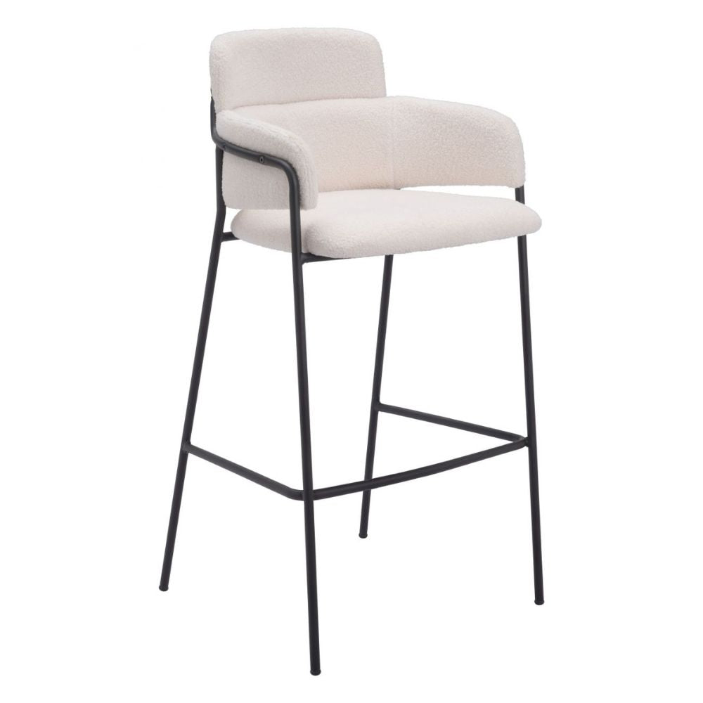 Bar stool with beige cushioned seat and backrest on a white background