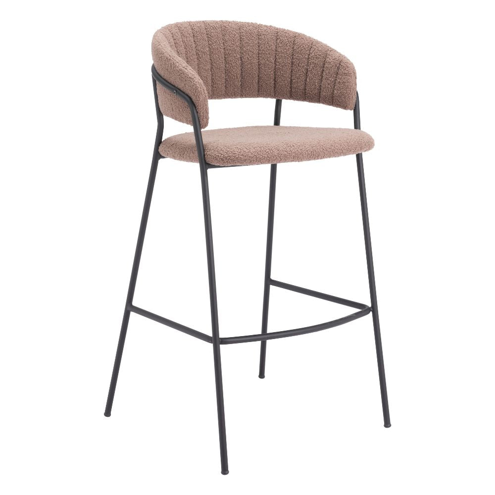 Bar stool with pink cushioned seat and backrest on a white background