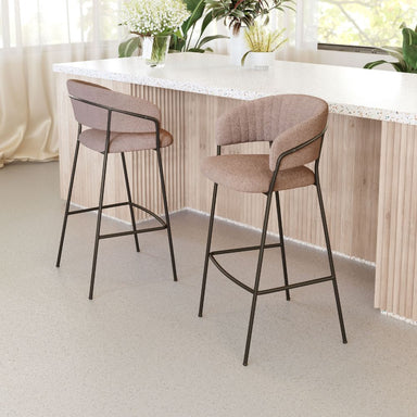 Two brown bar stools in front of a kitchen counter with plants in the background.