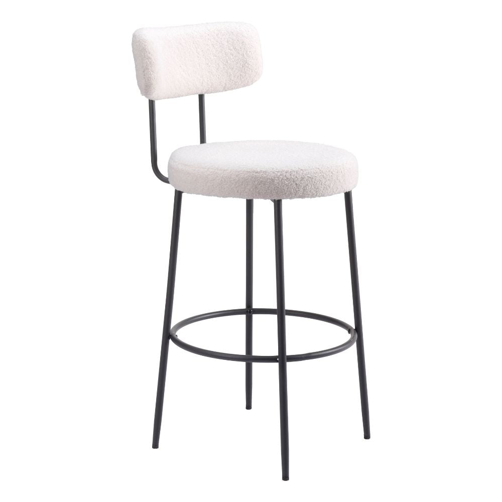 Bar stool with white cushioned seat and backrest on a white background