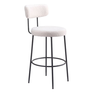 Bar stool with white cushioned seat and backrest on a white background