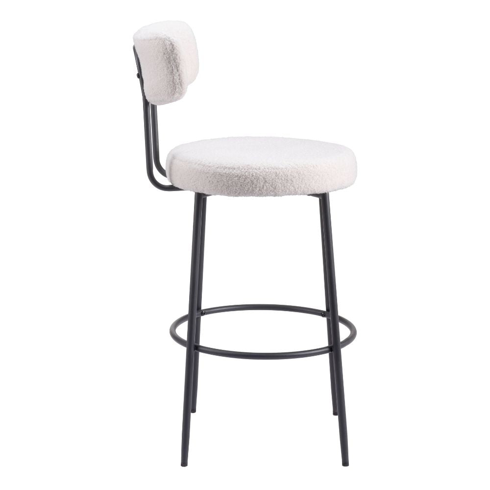 Bar stool with white cushioned seat and backrest on a white background