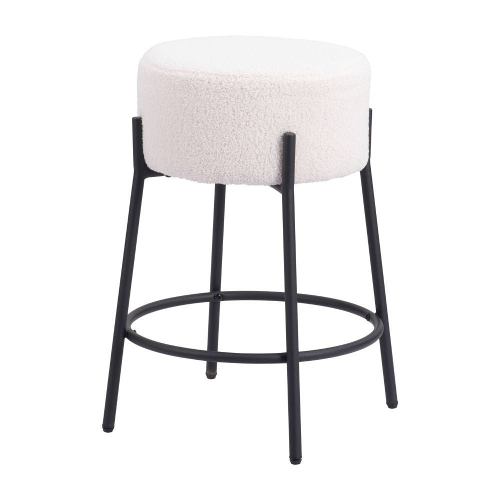 Bar stool with white cushioned seat and black metal frame on a white background
