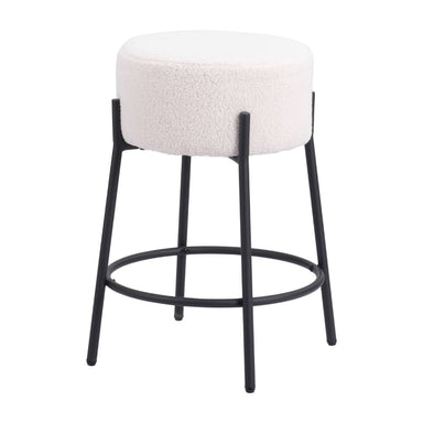 Bar stool with white cushioned seat and black metal frame on a white background