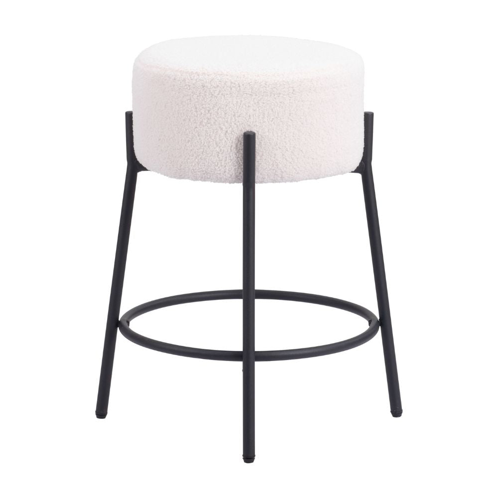 Bar stool with white cushioned seat and black metal frame on a white background