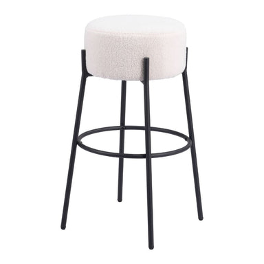 Bar stool with white cushioned seat and black metal frame on a white background