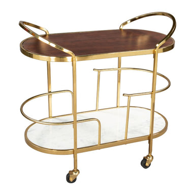Two-tiered serving cart with gold frame and wooden top on a white background