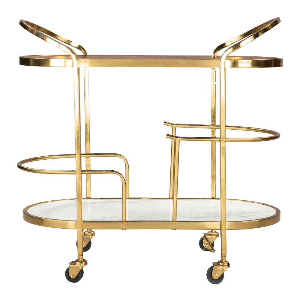 Gold serving cart with two shelves on a white background