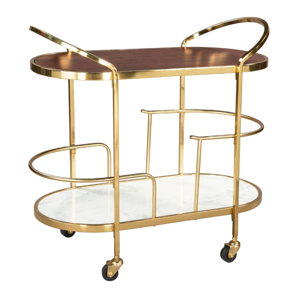 Gold and wood bar cart with two shelves on a white background