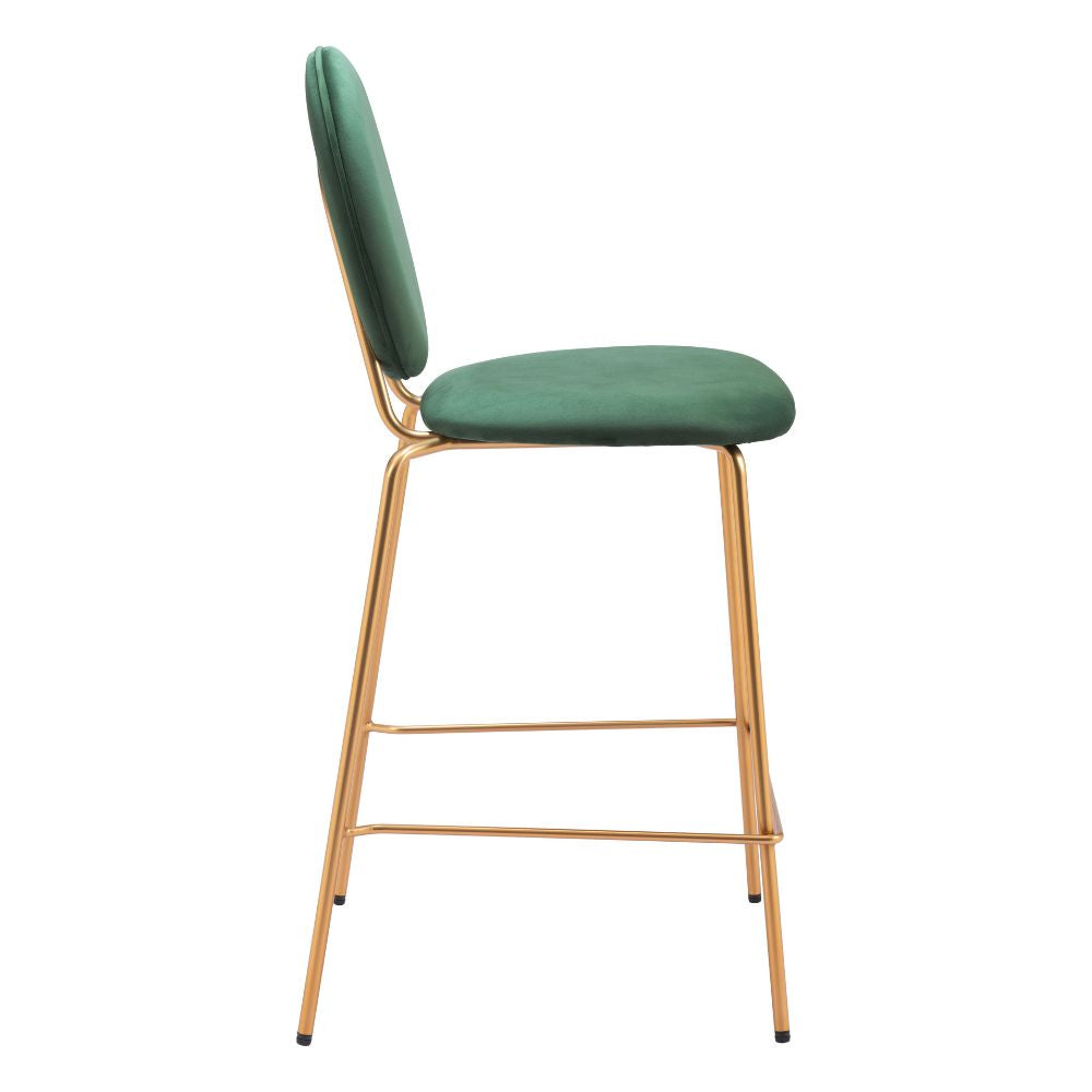 Green bar stool with gold metal frame on a white background