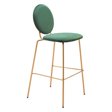 Green bar stool with gold metal legs on a white background