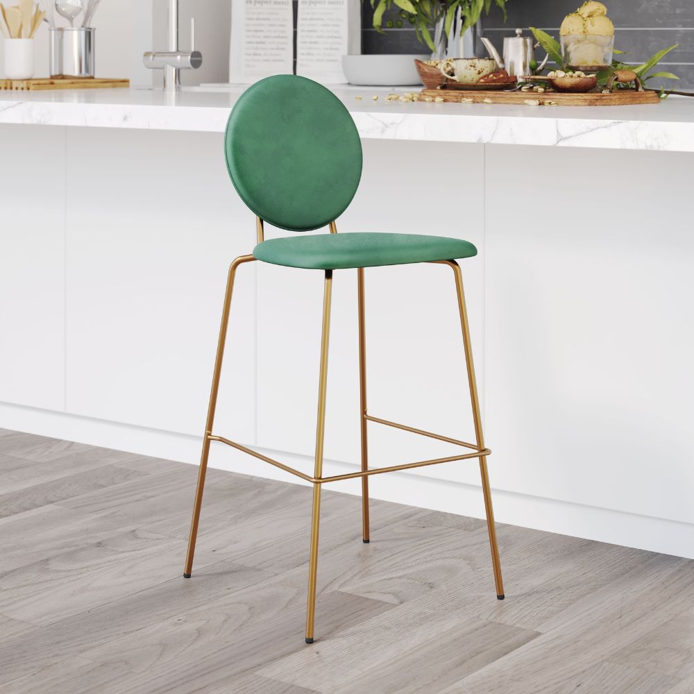 Green bar stool with gold legs in a kitchen setting