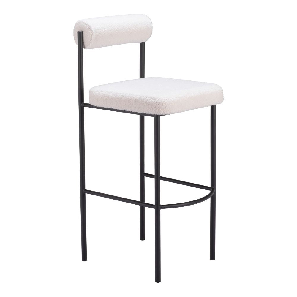 Bar stool with white cushioned seat and backrest on a white background