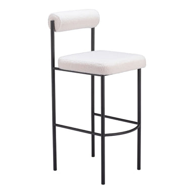 Bar stool with white cushioned seat and backrest on a white background