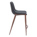 Bar stool with gray cushioned seat and wooden legs on a white background