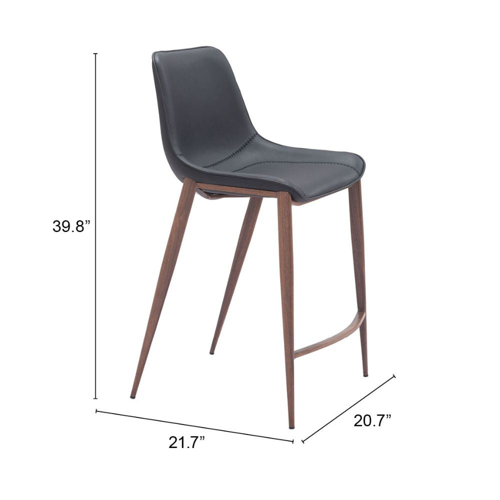 Black bar stool with dimensions labeled on a white background