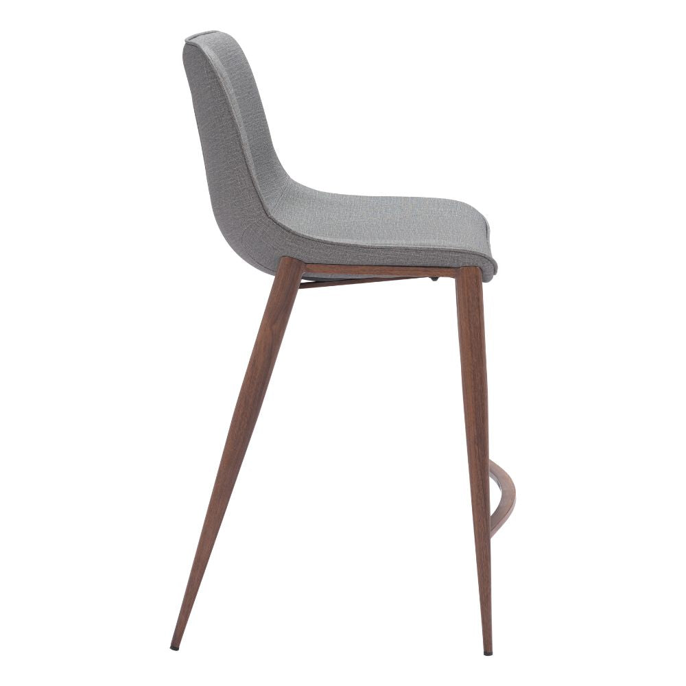 Gray cushioned bar stool with wooden legs on a white background
