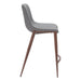 Gray cushioned bar stool with wooden legs on a white background