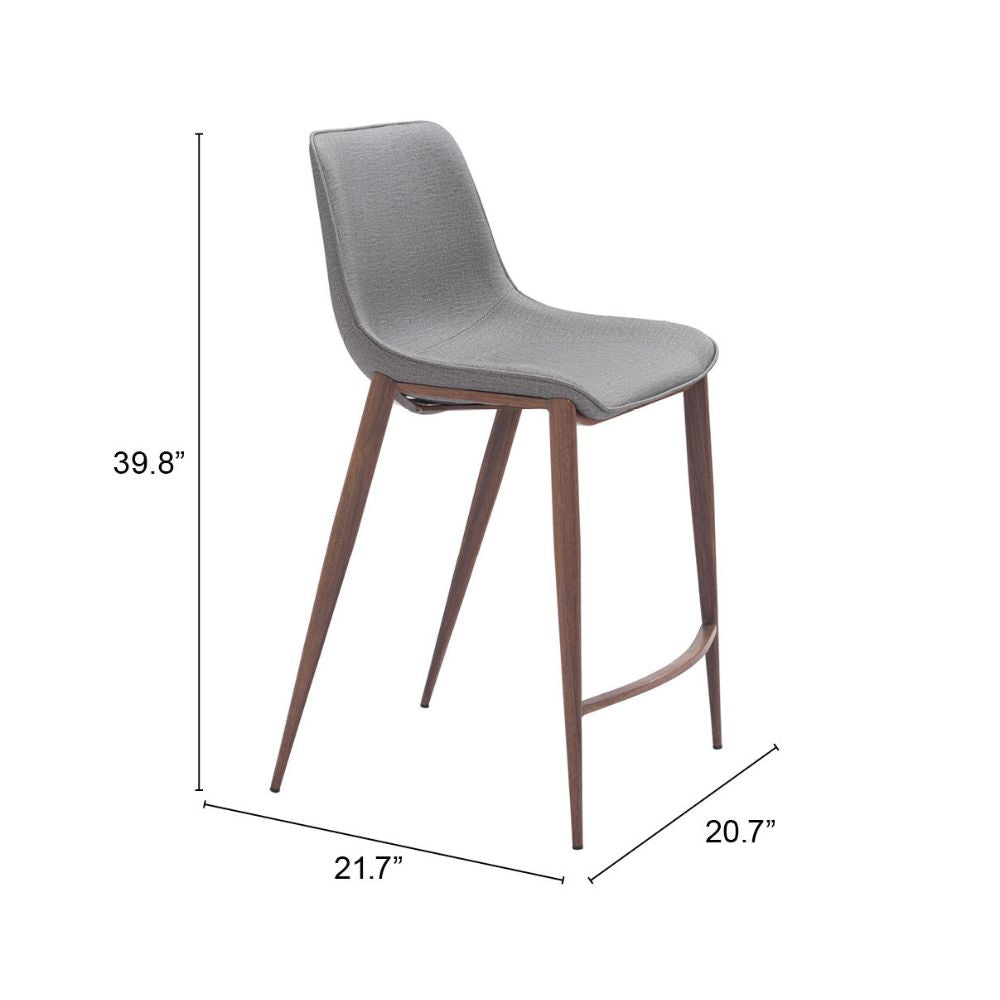 Gray bar stool with dimensions labeled on a white background