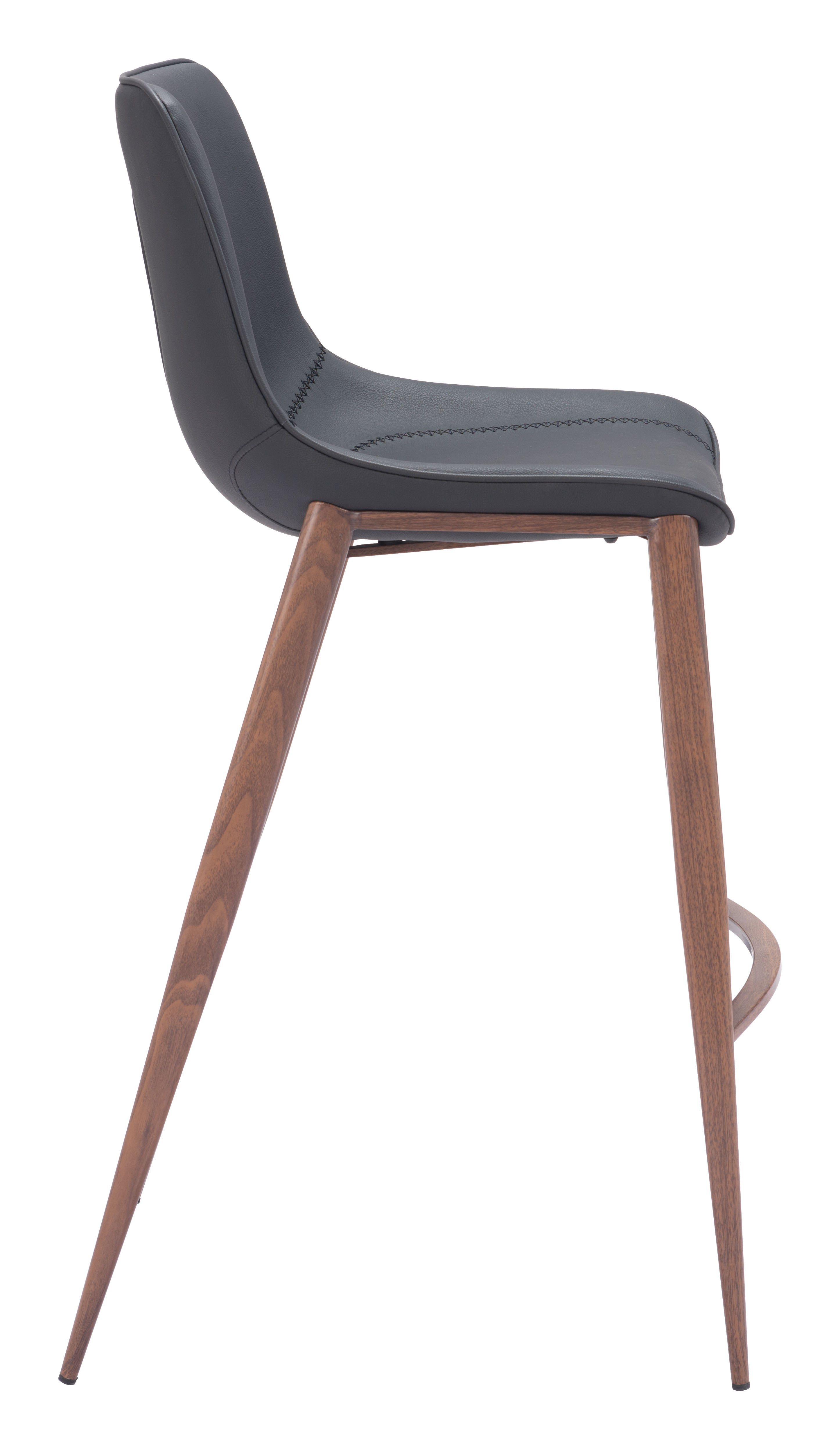 Bar stool with black seat and wooden legs on a white background