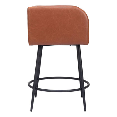 Brown bar stool with black metal legs on a white background