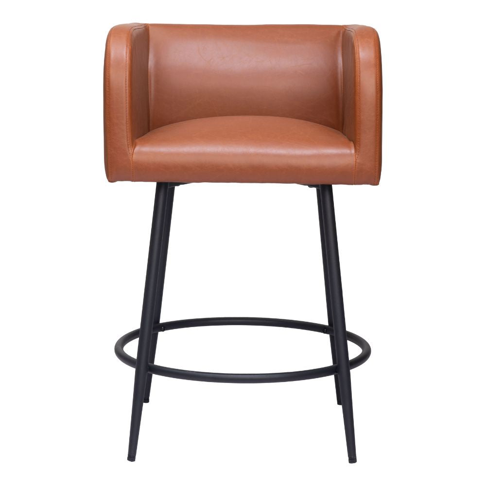 Brown leather bar stool with black metal legs on a white background