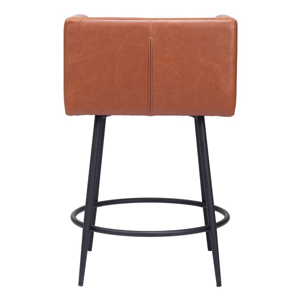 Brown leather bar stool with black metal legs on a white background