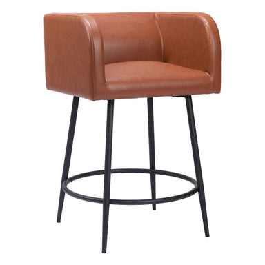 Brown leather bar stool with black metal legs on a white background