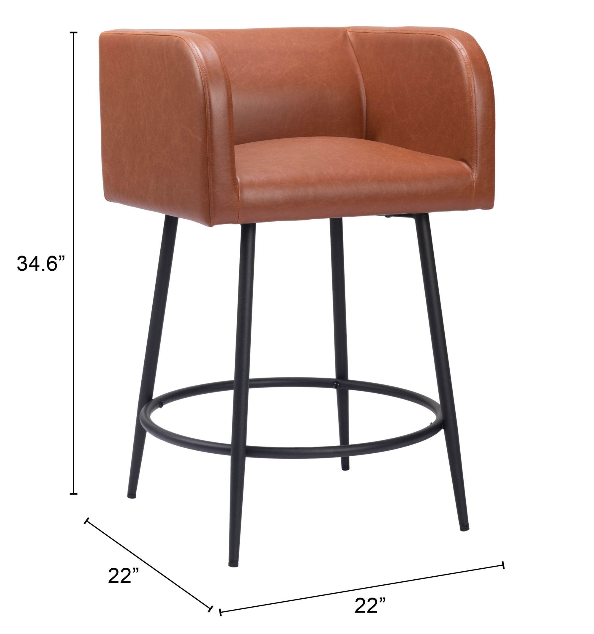 Brown bar stool with black legs and dimensions on a white background