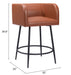 Brown bar stool with black legs and dimensions on a white background