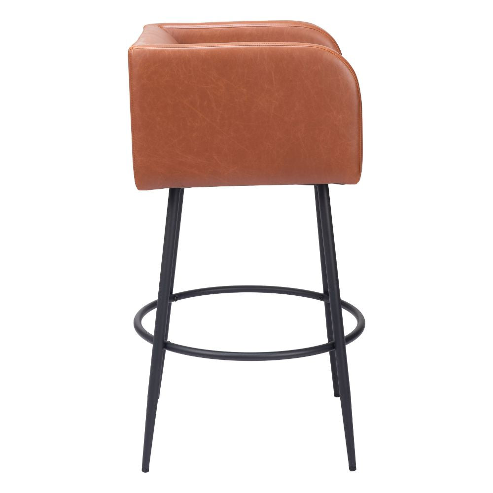 Brown bar stool with black metal legs on a white background