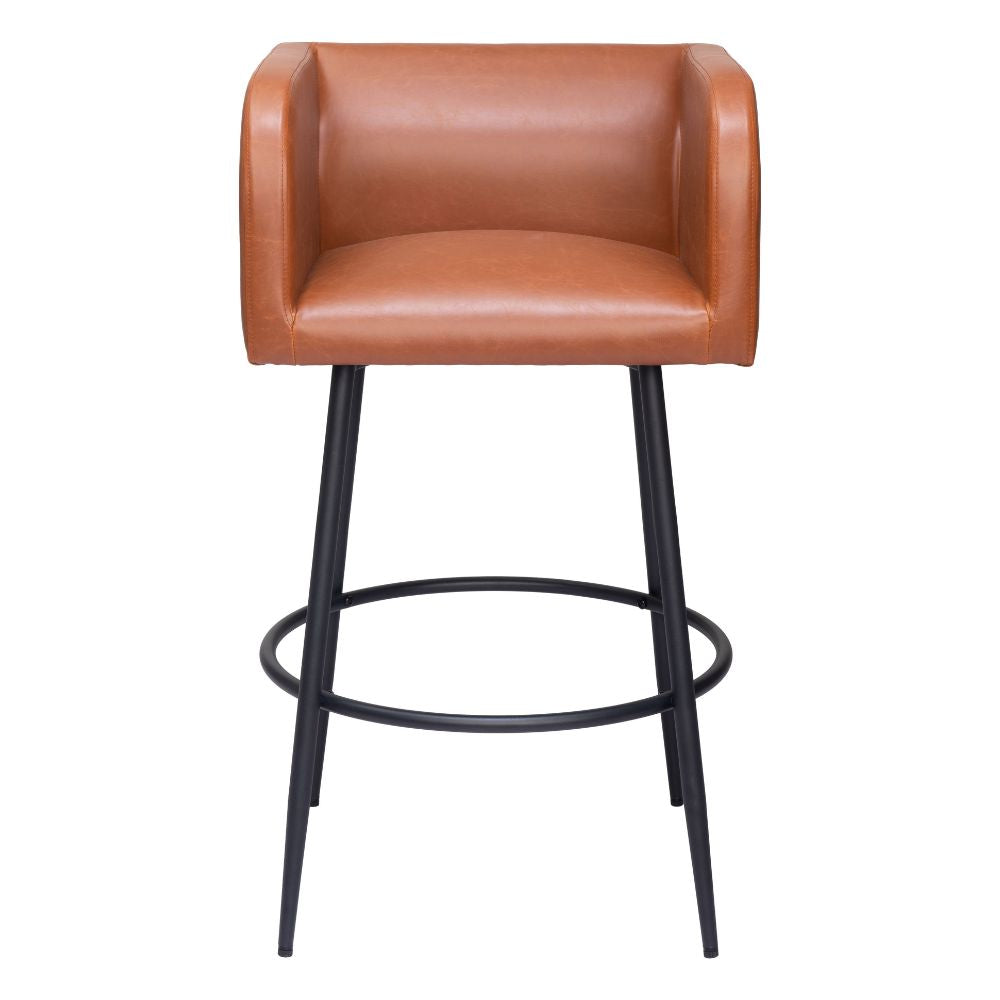 Brown leather bar stool with black metal legs on a white background