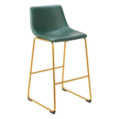 Green bar stool with gold metal legs on a white background