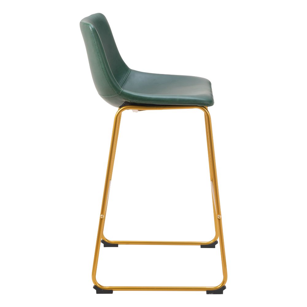 Green bar stool with gold metal legs on a white background