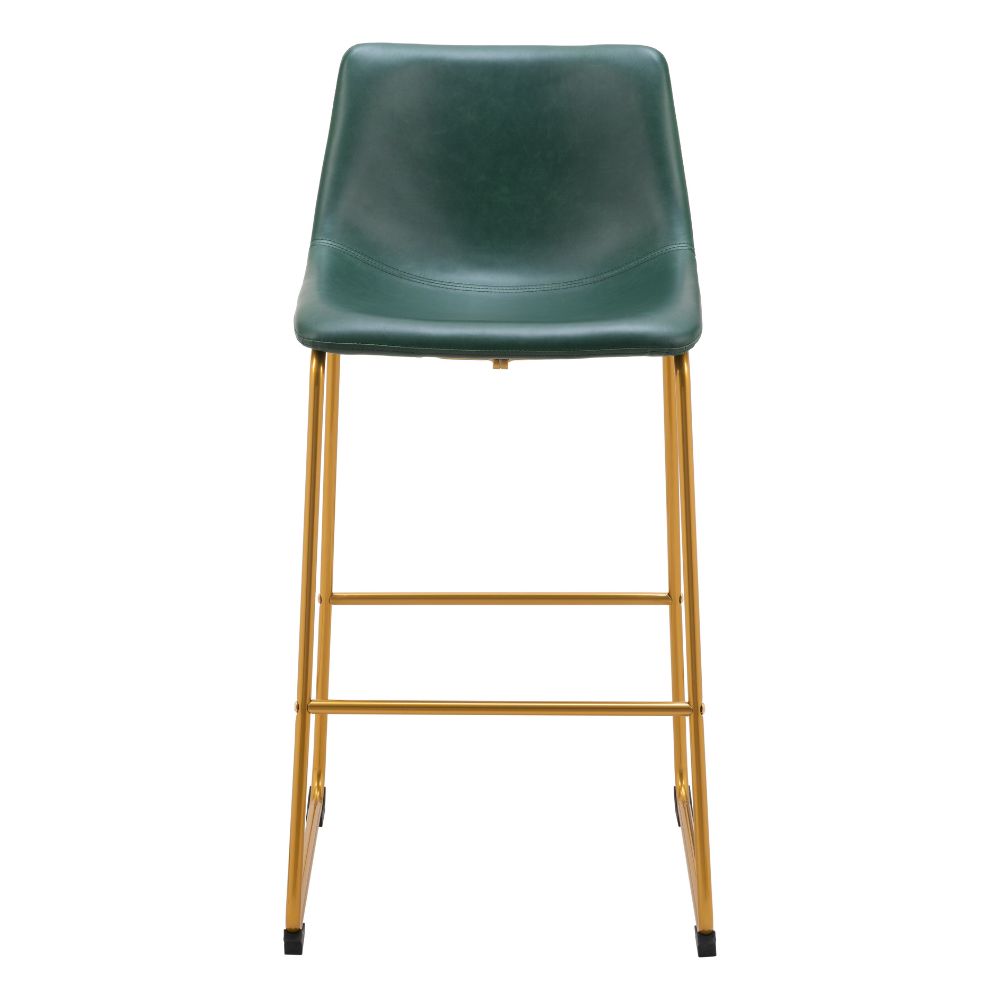 Green bar stool with gold metal legs on a white background