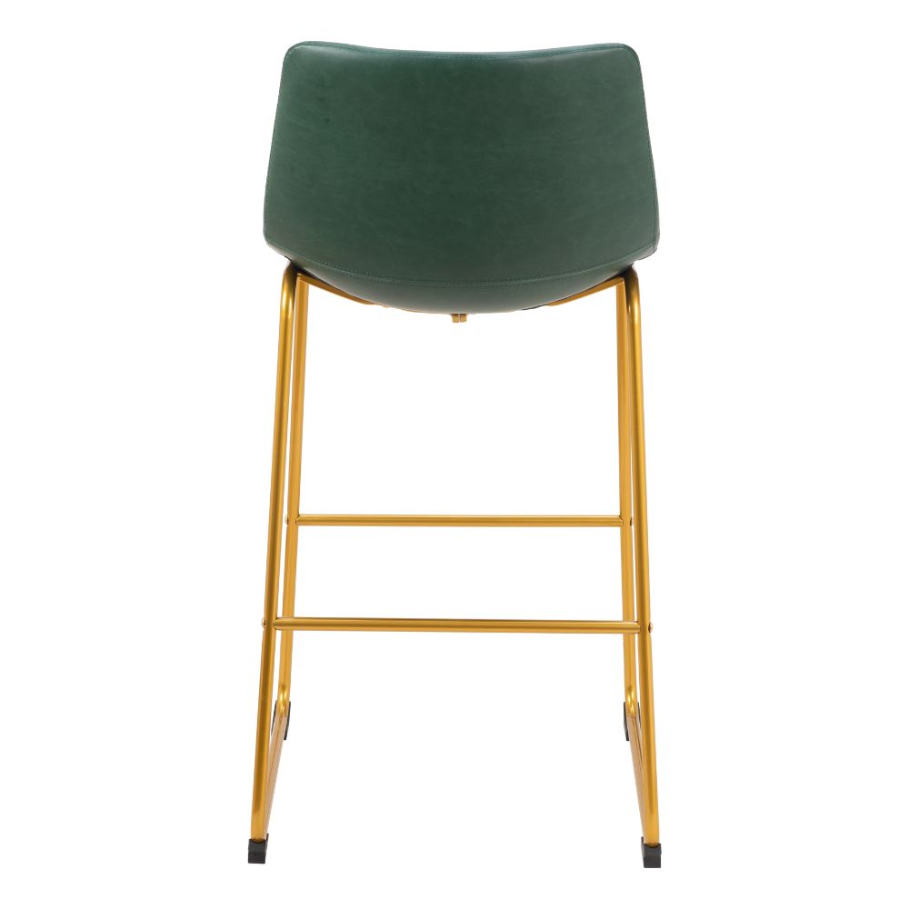 Green bar stool with gold metal legs on a white background