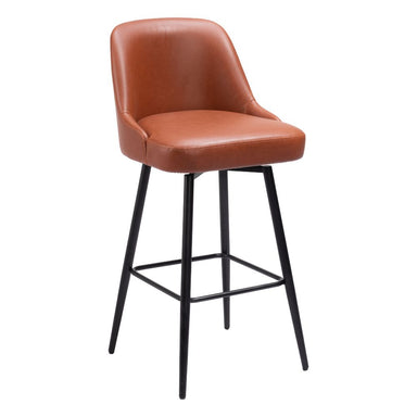 Brown leather bar stool with black legs on a white background