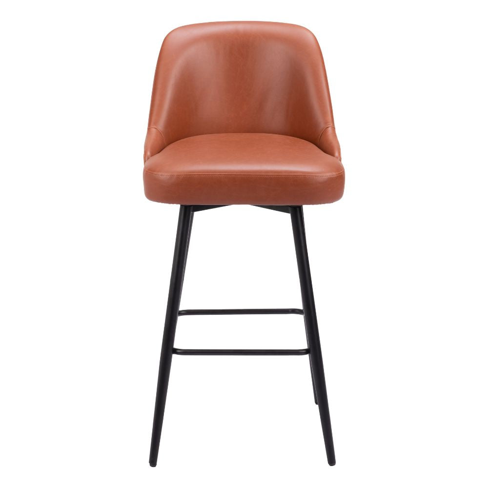 Brown leather bar stool with black metal legs on a white background