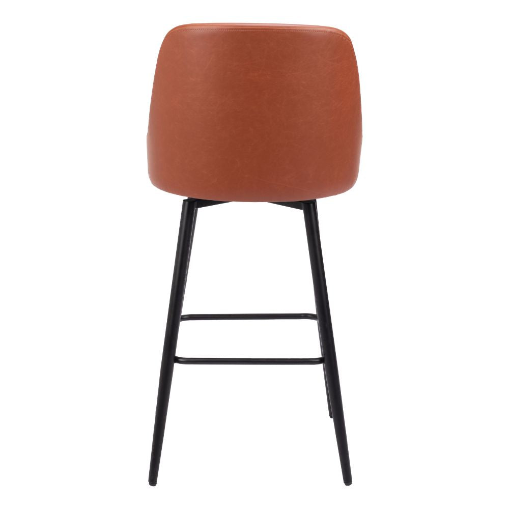Bar stool with brown cushioned seat and black metal legs on a white background