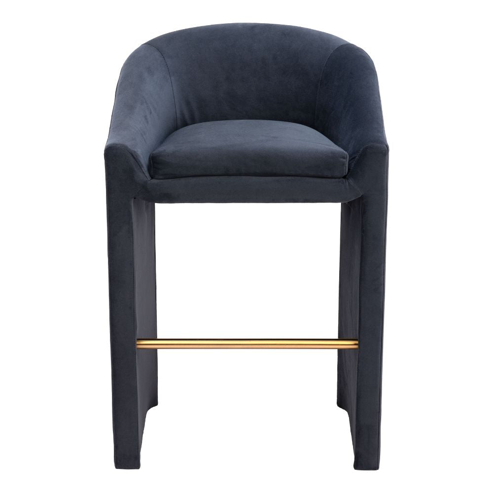 Dark blue bar stool with gold accent on a white background