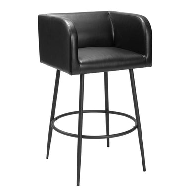 Black bar stool with a cushioned seat on a white background