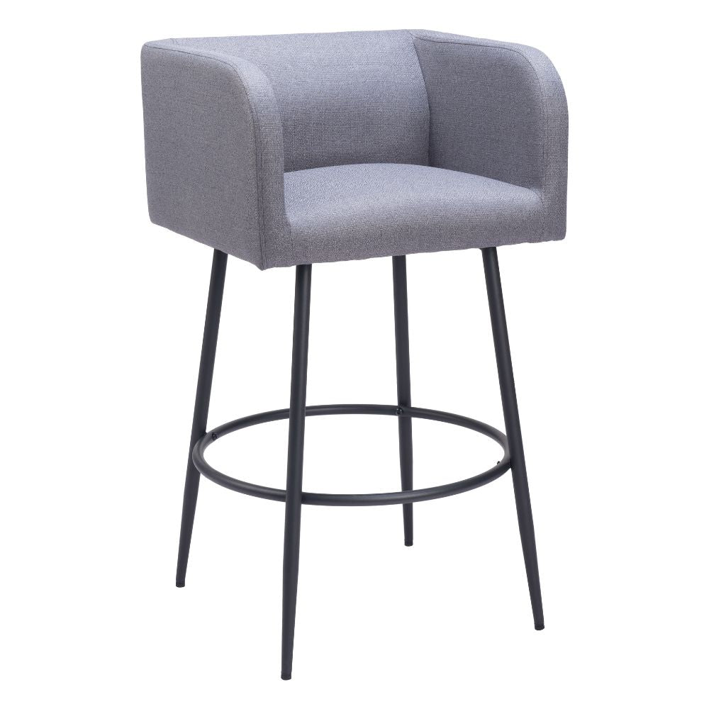 Gray bar stool with black metal legs on a white background