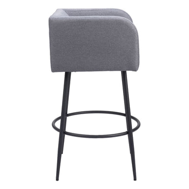Gray cushioned bar stool with black metal legs on a white background