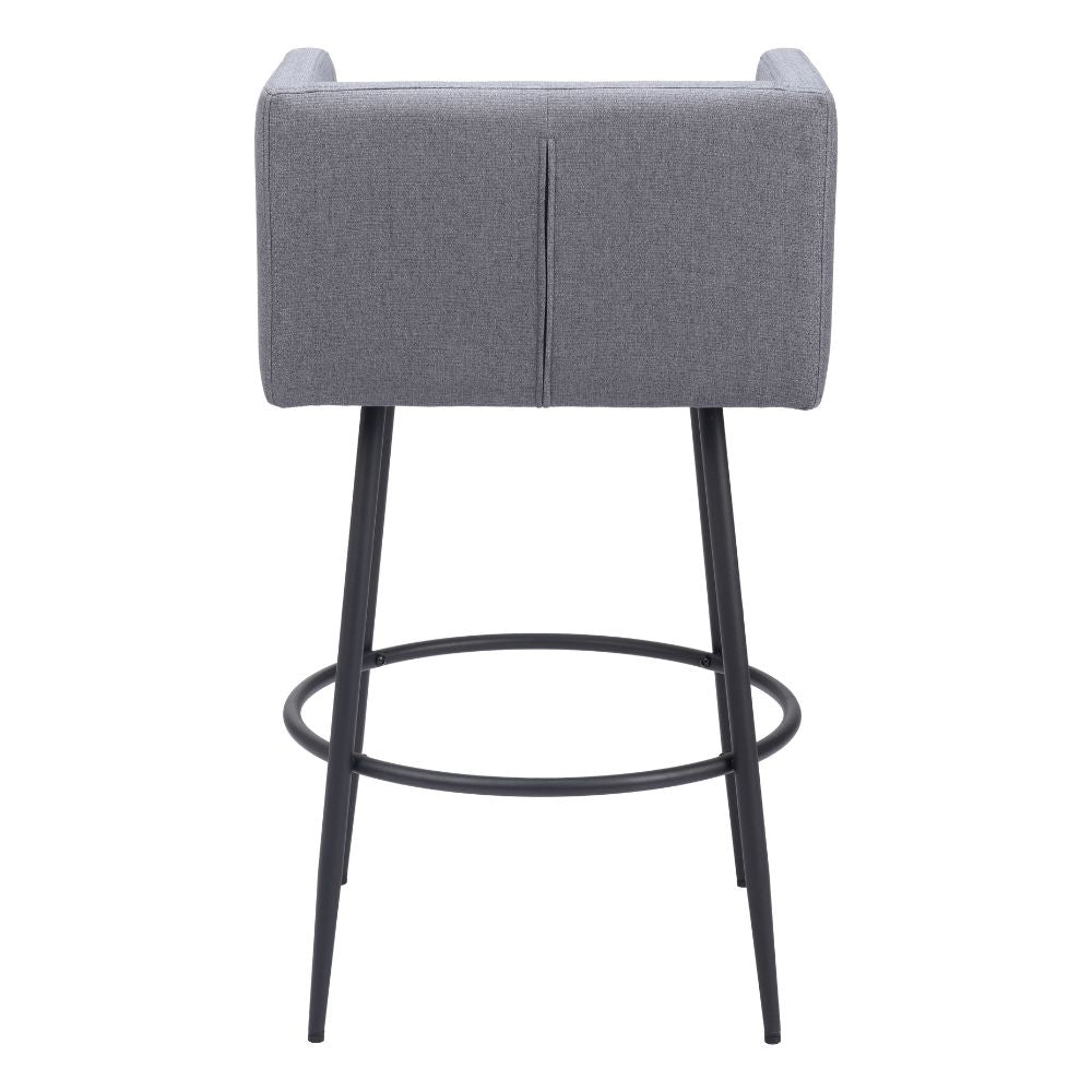 Gray bar stool with black metal legs on a white background